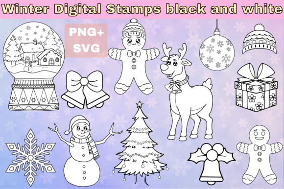 Winter Digital Stamps Black and White Graphics